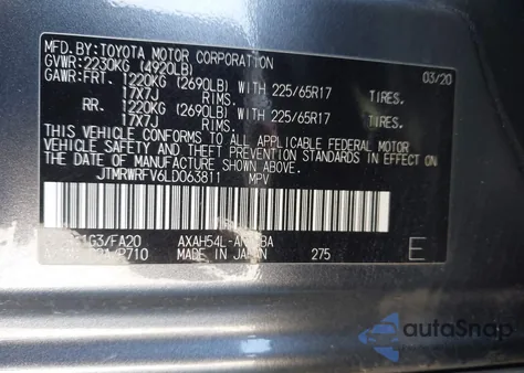 2020 Toyota Rav4 Hybrid Xle из США, поврежденный, VIN JTMRWRFV6LD063811